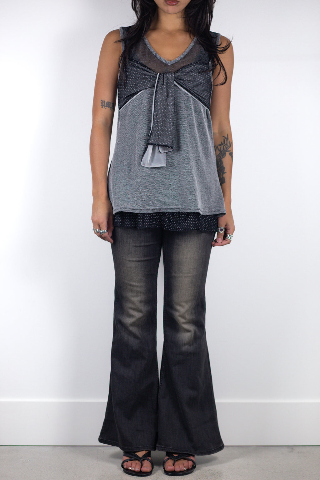 French Vintage Layered Mesh Bow Tank