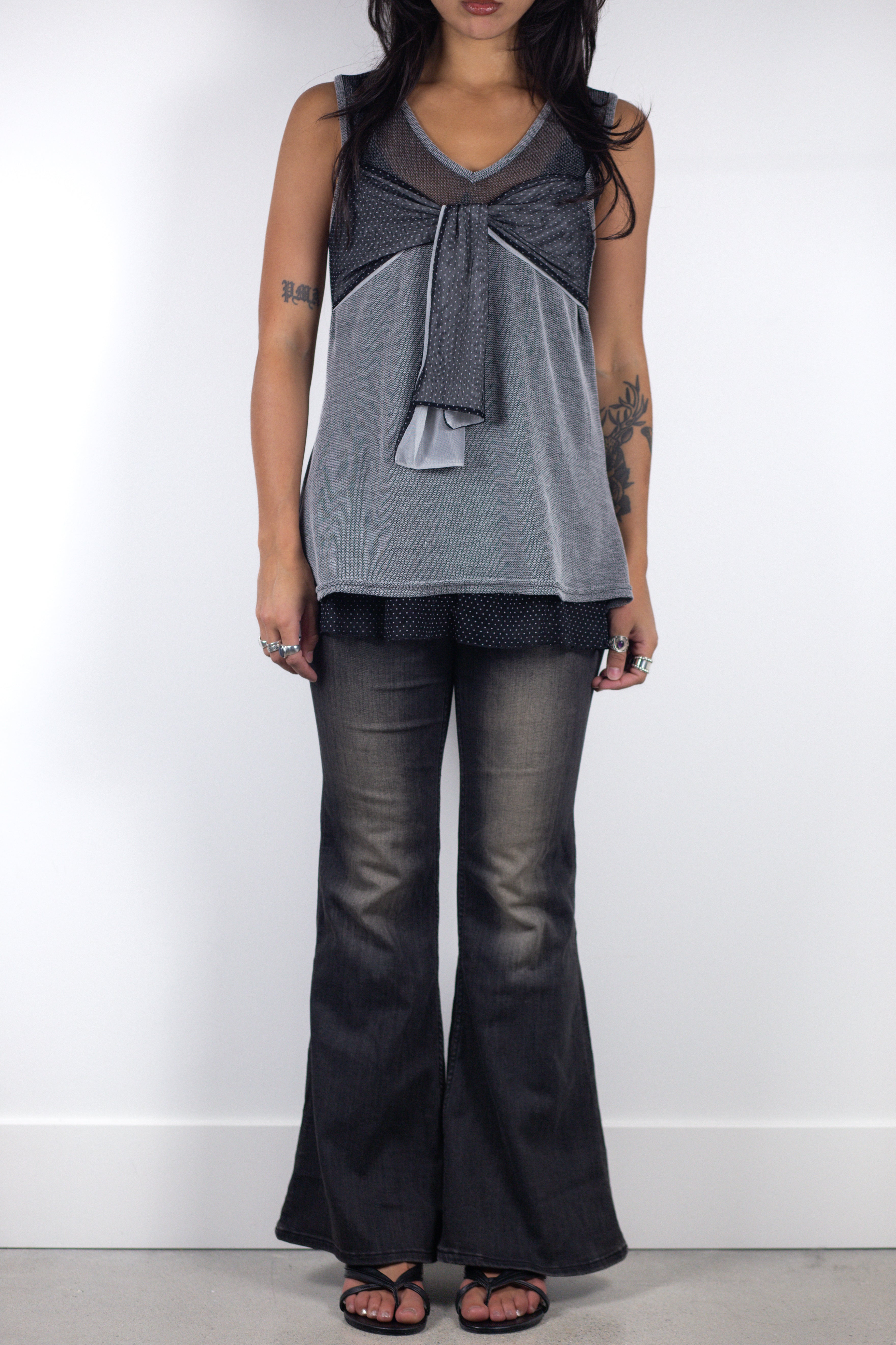 French Vintage Layered Mesh Bow Tank