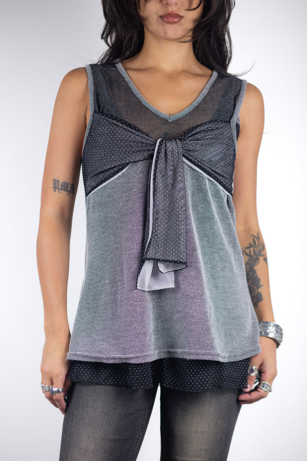 French Vintage Layered Mesh Bow Tank
