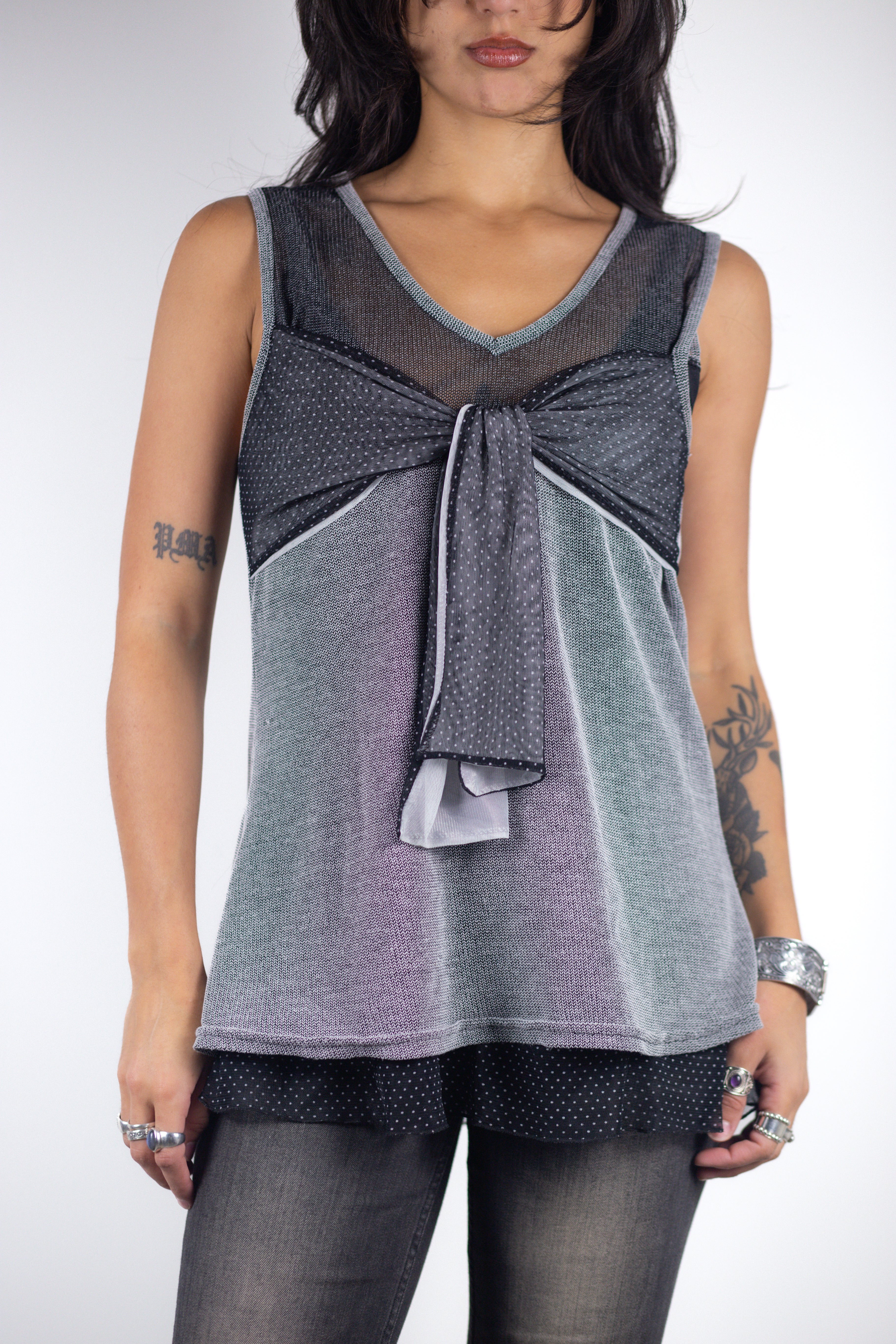 French Vintage Layered Mesh Bow Tank