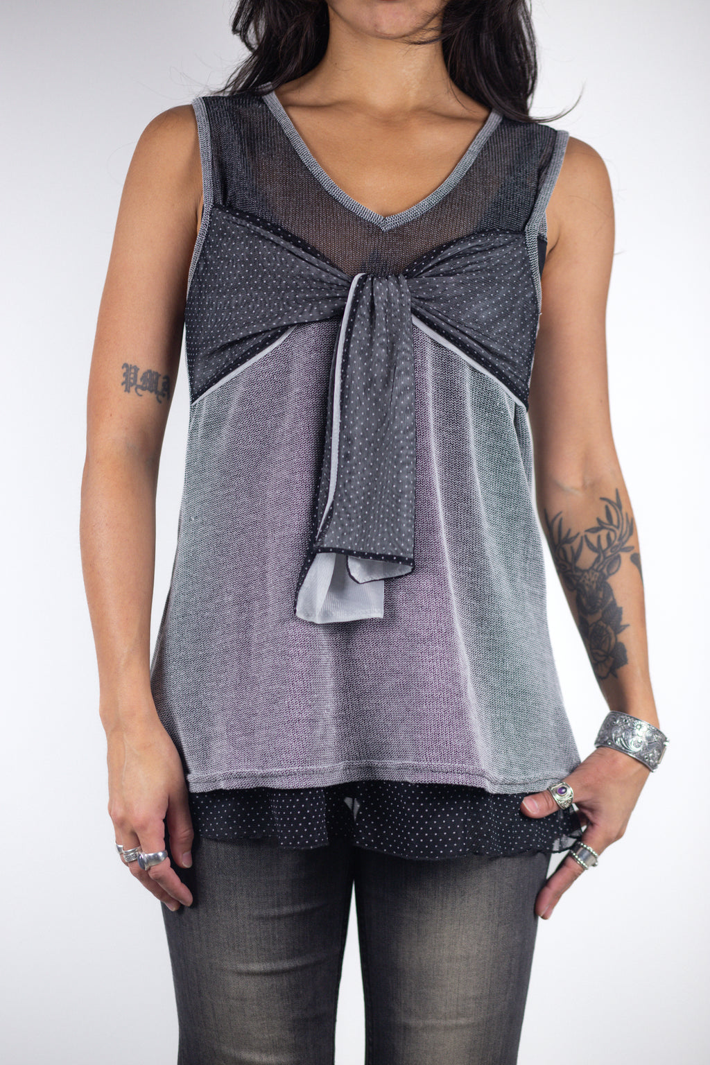 French Vintage Layered Mesh Bow Tank