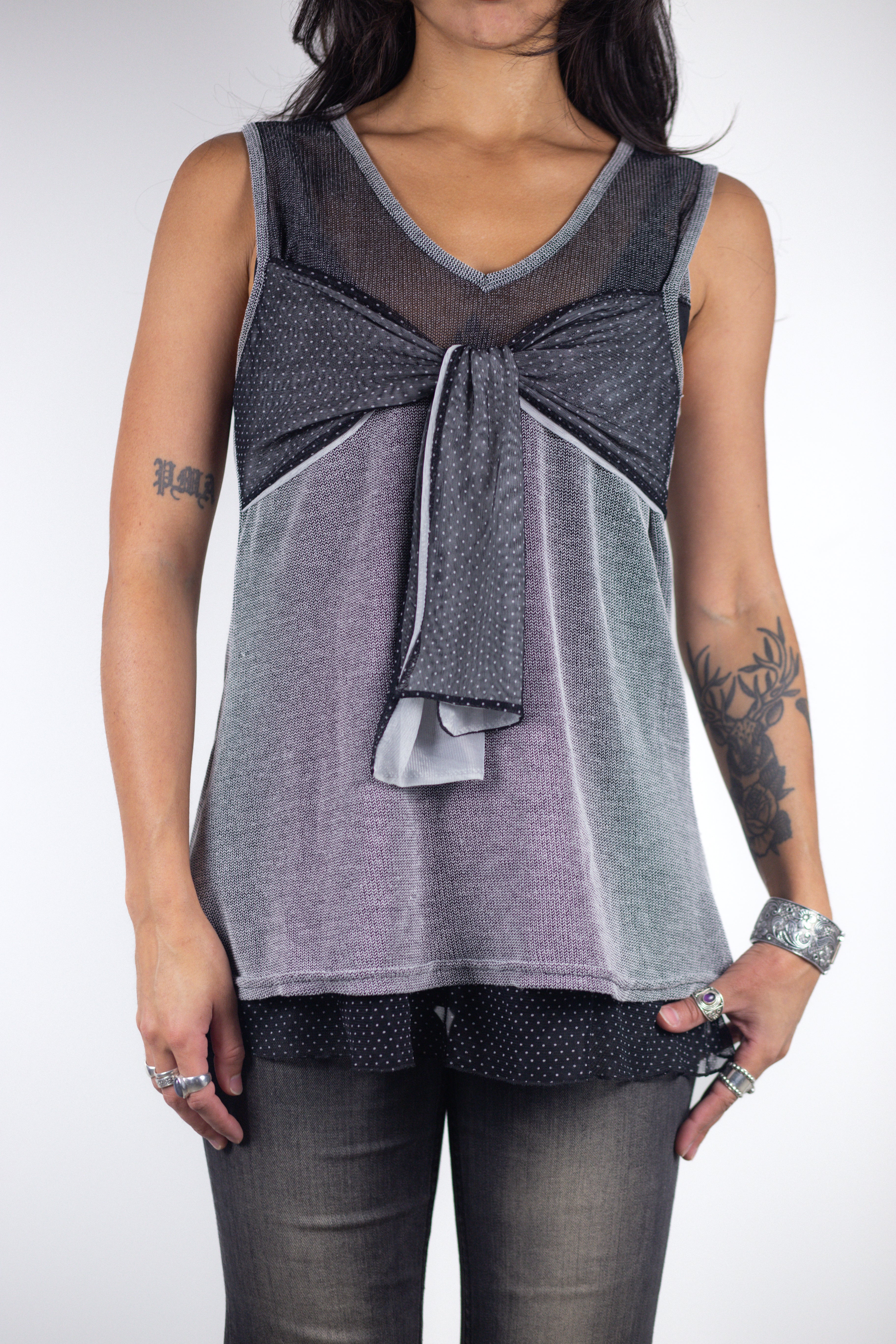 French Vintage Layered Mesh Bow Tank