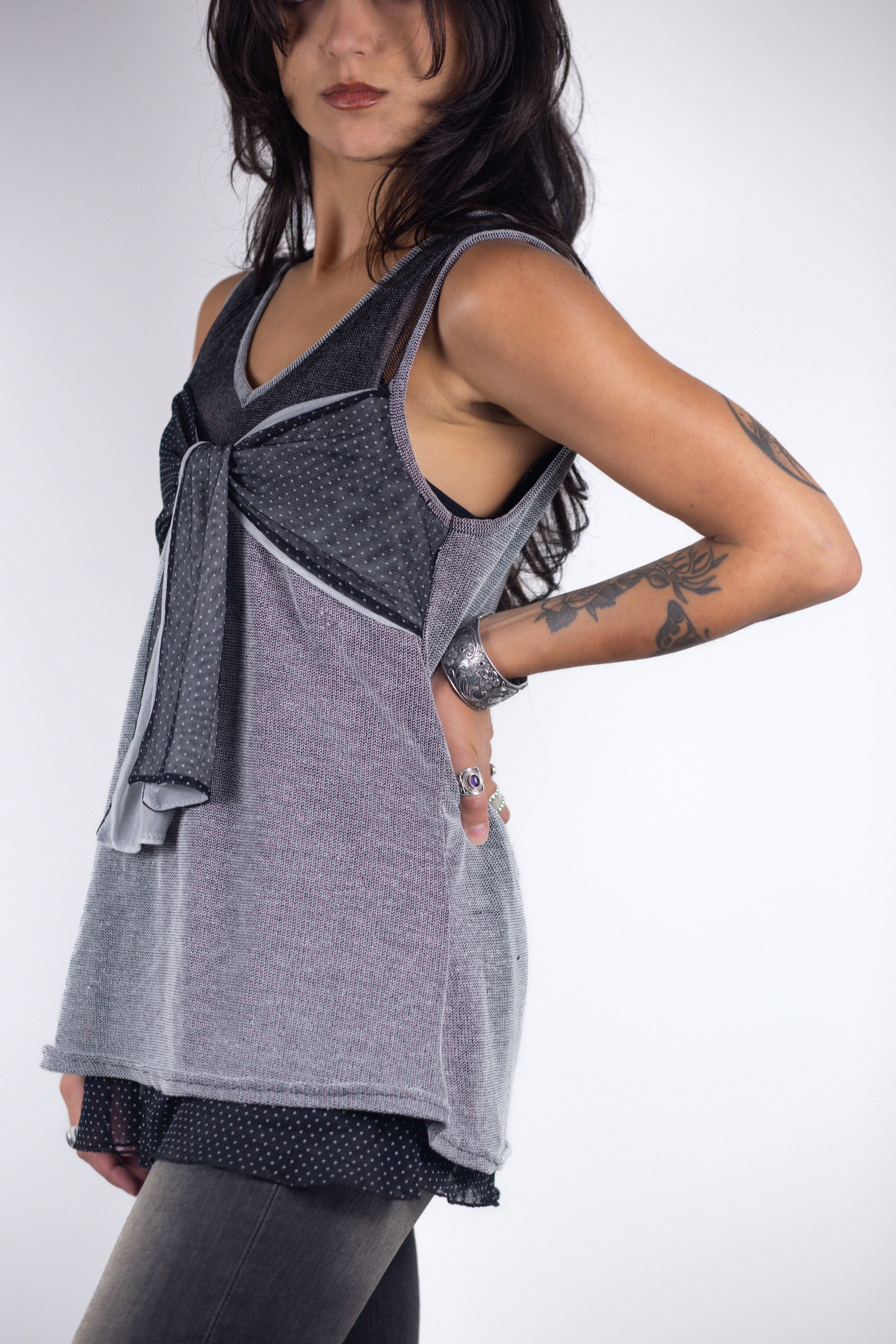 French Vintage Layered Mesh Bow Tank